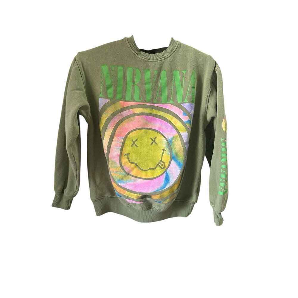 Nirvana Smiley Oversized Sweatshirt Womens Size S Green Cotton Pullover